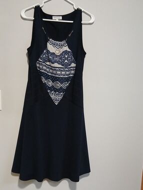 Marie Claire navy sleeveless dress with white patterned front panel